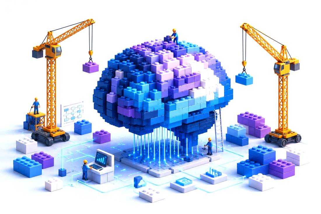 Isometric illustration of cranes assembling a working system out of building blocks
